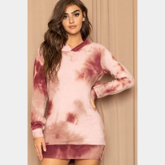Boutique Tie Dye Hoodie Long Sleeve Sweatshirt Burgundy Red Multicolor - Picture 1 of 11